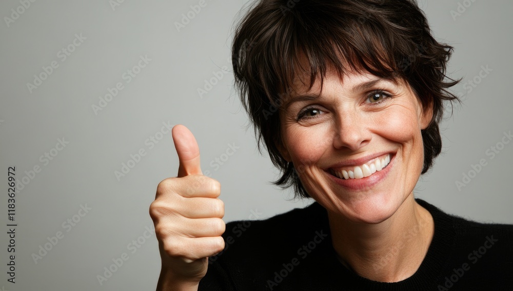 A woman with short, dark hair smiles broadly while giving a thumbs up, conveying happiness and approval. The warm lighting enhances her cheerful demeanor in the inviting indoor environment. A woman with short, dark hair smiles broadly while giving a thumbs up, conveying happiness and approval. The warm lighting enhances her cheerful demeanor in the inviting indoor environment.