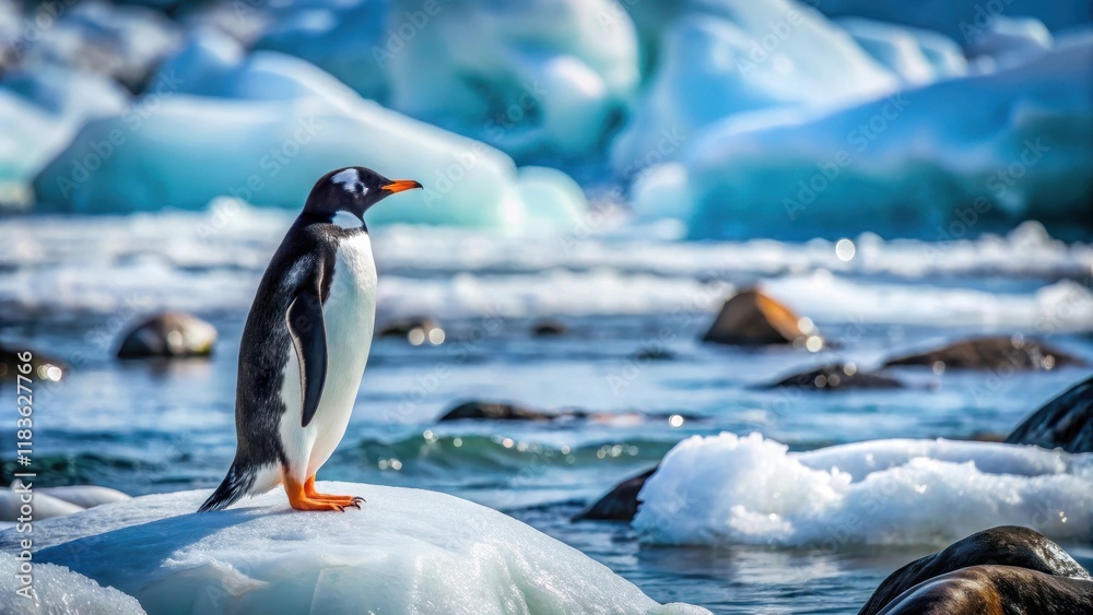 Fototapeta premium Penguin standing on rocky shoreline with icy waters in the background, surrounded by snow and ice formations, icy waters, frozen tundra
