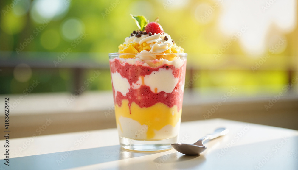 Colorful parfait in round glass cup on sunny balcony, joyful indulgence Colorful parfait in round glass cup on sunny balcony, joyful indulgence