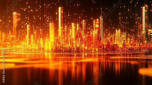 Futuristic city skyline at night with glowing orange lights and digital particles.