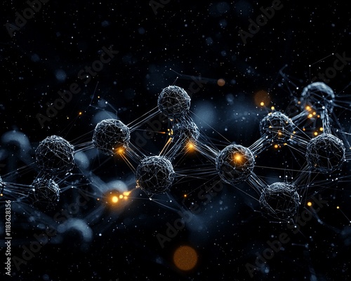 Abstract molecular structure with glowing nodes.