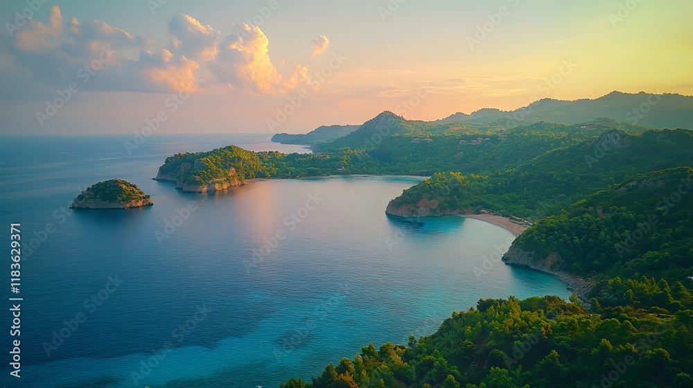 Stunning aerial shot of a hidden cove at sunset. Turquoise waters meet lush green hills in a scene of pure serenity. Aerial View of Serene Coastal Landscape Stunning aerial shot of a hidden cove at sunset. Turquoise waters meet lush green hills in a scene of pure serenity. Aerial View of Serene Coastal Landscape