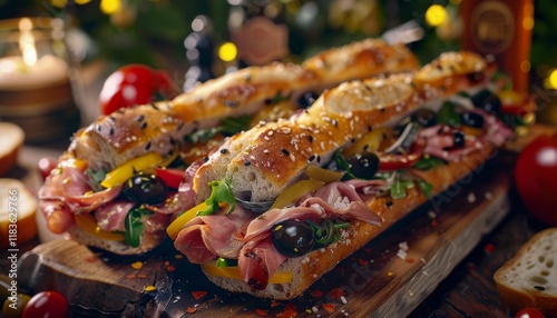 Wallpaper Mural Three delicious baguette sandwiches with ham, olives, and yellow peppers on a wooden board. Torontodigital.ca