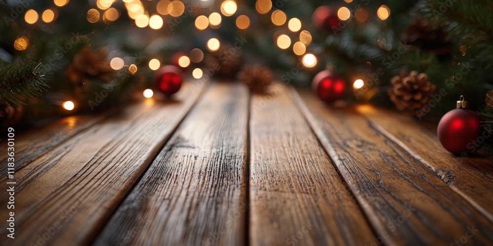 A festive wooden table with blurred Christmas lights in the background, evoking warmth and holiday spirit, ideal for seasonal themes. A festive wooden table with blurred Christmas lights in the background, evoking warmth and holiday spirit, ideal for seasonal themes.