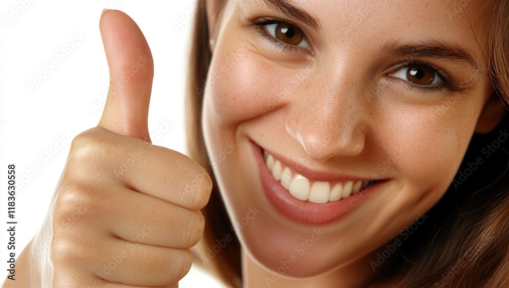 A cheerful young woman is smiling broadly and giving a thumbs up in a well-lit indoor environment. Her expression reflects joy and confidence, creating a friendly atmosphere. Generative AI A cheerful young woman is smiling broadly and giving a thumbs up in a well-lit indoor environment. Her expression reflects joy and confidence, creating a friendly atmosphere. Generative AI