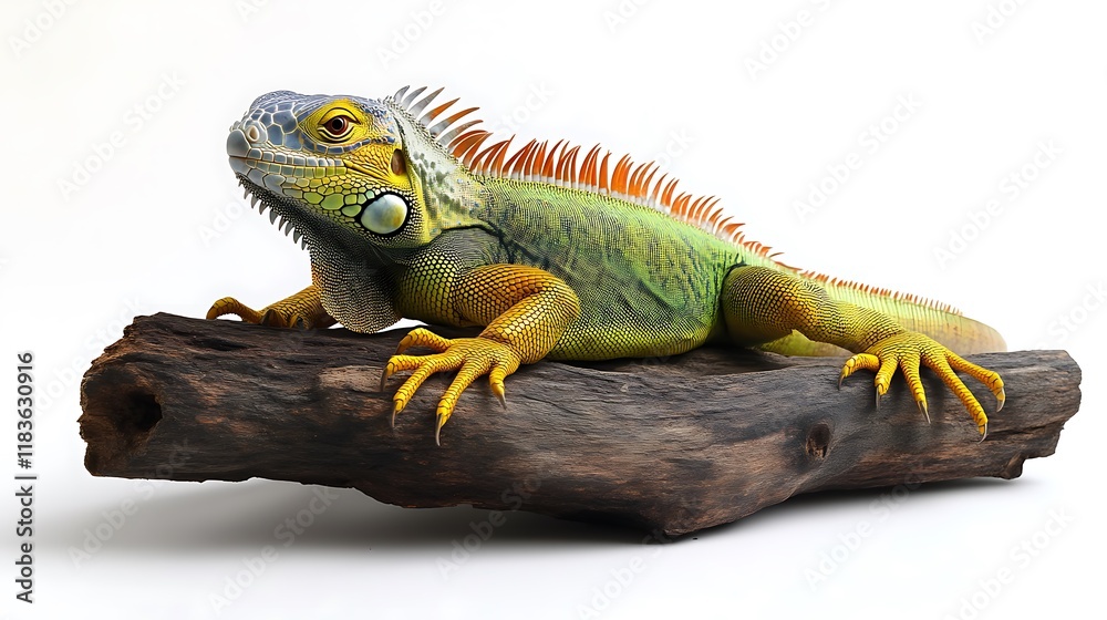 Fototapeta premium Green Iguana on Driftwood: A Vibrant, Detailed Portrait