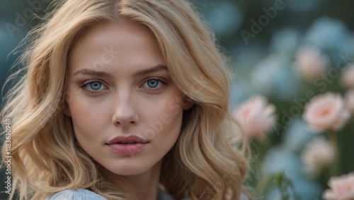 Natural Beauty Amidst Flowers. A woman surrounded by flowers showcases her natural beauty and grac photo