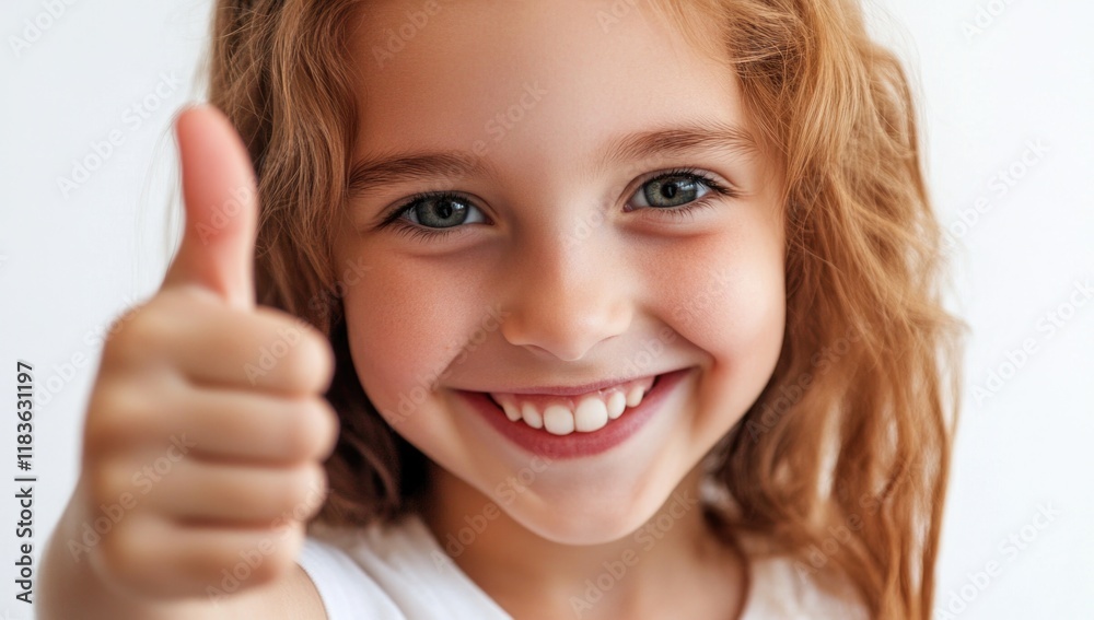 A child with beautiful curly hair expresses joy by smiling widely and giving a thumbs up. Her radiant demeanor captures a moment of pure happiness and enthusiasm. Generative AI A child with beautiful curly hair expresses joy by smiling widely and giving a thumbs up. Her radiant demeanor captures a moment of pure happiness and enthusiasm. Generative AI