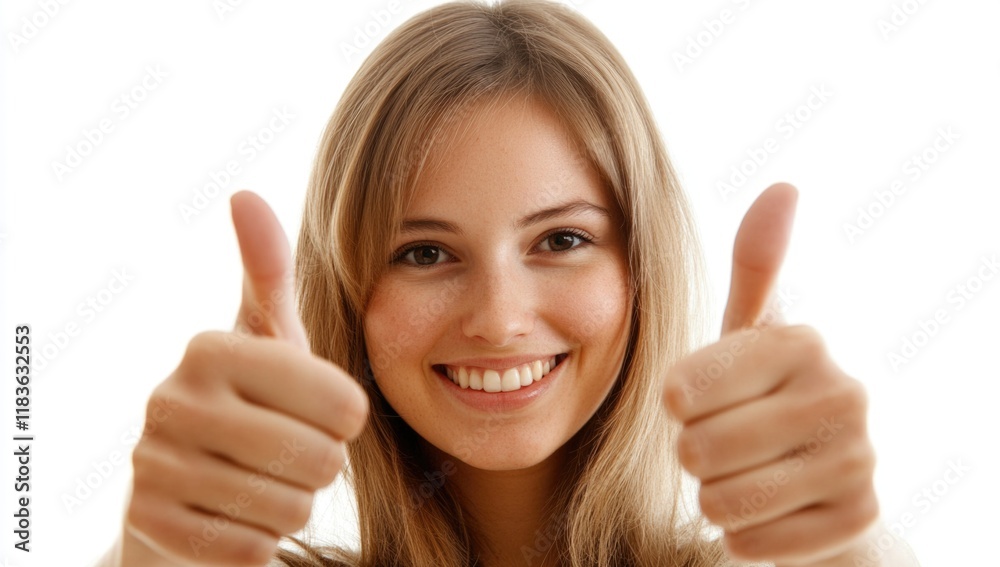 A joyful young woman flashes a radiant smile while giving a thumbs up. Her long hair frames her face, enhancing the feeling of positivity and confidence in a bright setting. Generative AI A joyful young woman flashes a radiant smile while giving a thumbs up. Her long hair frames her face, enhancing the feeling of positivity and confidence in a bright setting. Generative AI