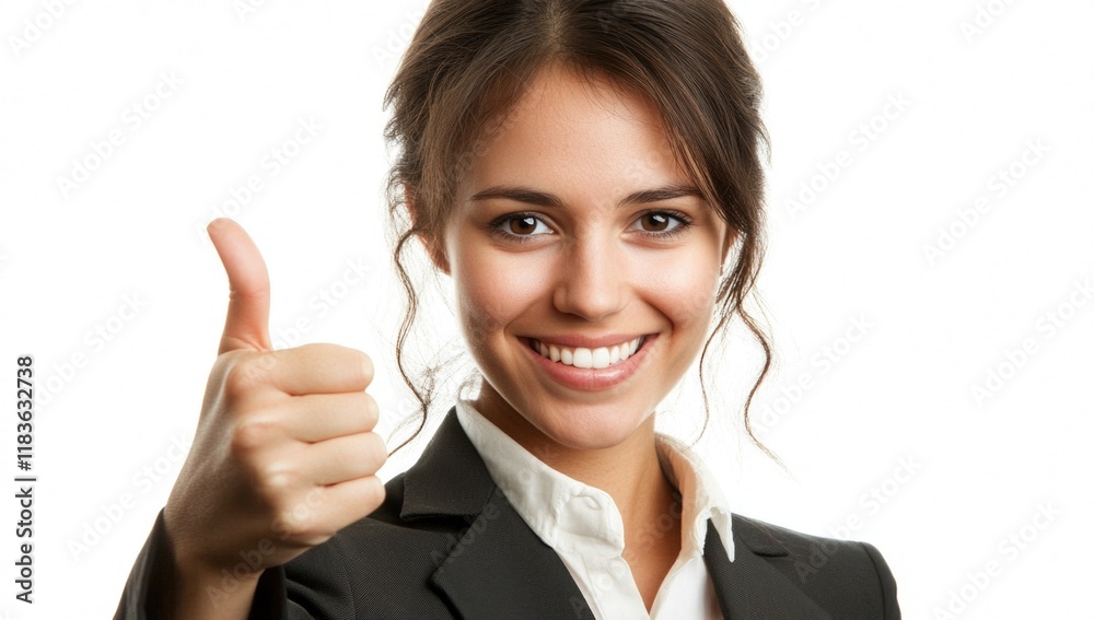 A young woman in a smart black suit smiles broadly while giving a thumbs up gesture, radiating confidence and positivity. This moment captures encouragement and success in a workplace setting. A young woman in a smart black suit smiles broadly while giving a thumbs up gesture, radiating confidence and positivity. This moment captures encouragement and success in a workplace setting.
