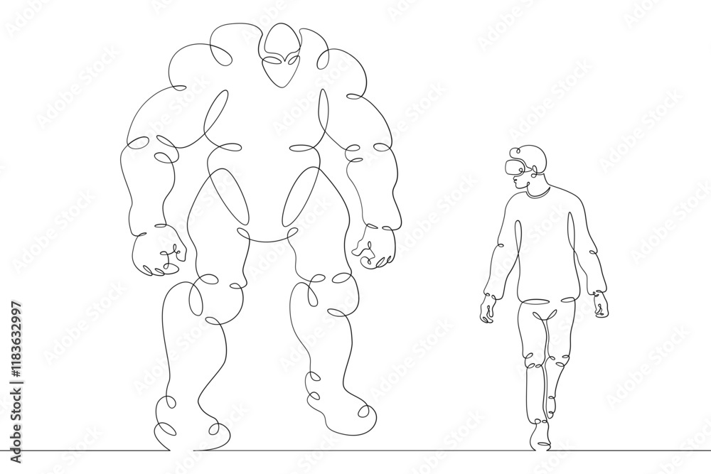 A young man controls a large robot using a virtual reality helmet . Robotics and programming. One continuous drawing line logo single hand drawn art doodle isolated minimal illustration. A young man controls a large robot using a virtual reality helmet . Robotics and programming. One continuous drawing line logo single hand drawn art doodle isolated minimal illustration.