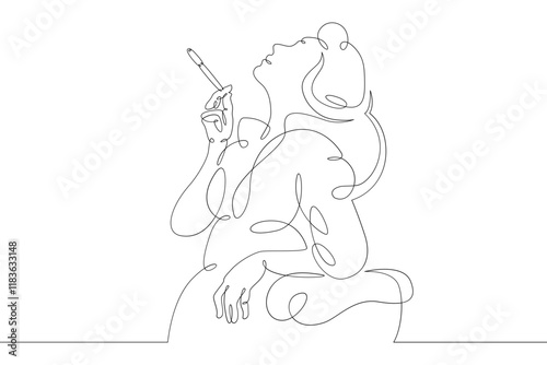 Young woman smokes a cigarette in the mouthpiece. One continuous drawing line  logo single hand drawn art doodle isolated minimal illustration.