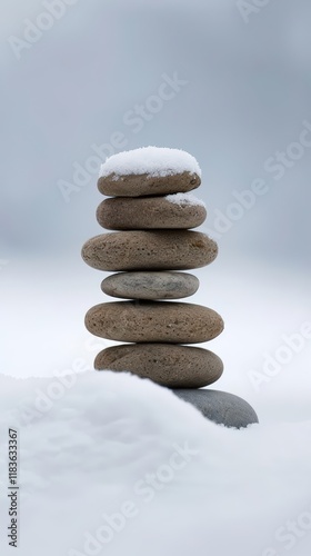 Zen rock stack balancing, snow-capped photo