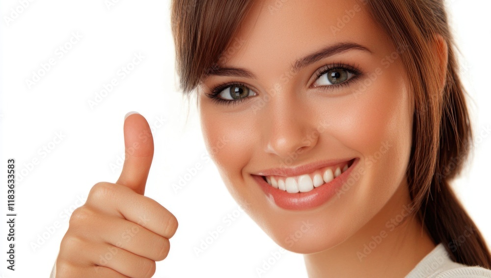 A young woman beams with happiness, showcasing a warm smile and giving a thumbs up, exuding positivity. Her expression radiates confidence and warmth, inviting connection. Generative AI A young woman beams with happiness, showcasing a warm smile and giving a thumbs up, exuding positivity. Her expression radiates confidence and warmth, inviting connection. Generative AI