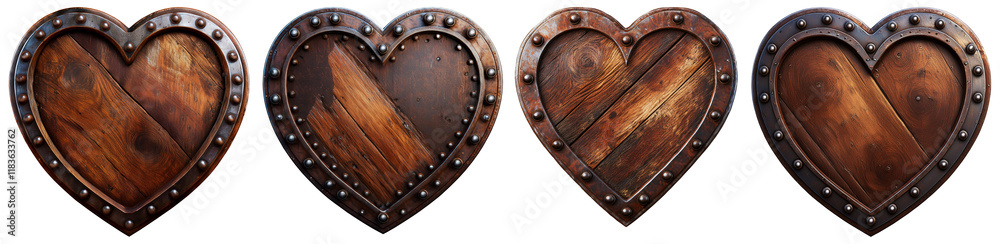 Fototapeta premium Set of rusty metal and wooden hearts with studs and copy space, isolated on transparent or white background. Png. Collection and variation. Generative Ai.