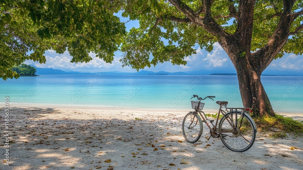 Fototapeta premium A bicycle resting on white sand beneath towering coconut trees, with turquoise sea waves in the background