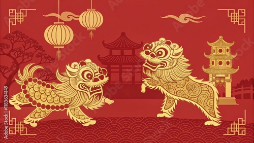 Lion Dance Chinese New Year Performance Gold on Red Copy Space