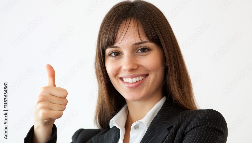A cheerful woman in a stylish business suit gives a thumbs up, showcasing her satisfaction after achieving a goal. The well-lit office highlights her positivity and professionalism. Generative AI A cheerful woman in a stylish business suit gives a thumbs up, showcasing her satisfaction after achieving a goal. The well-lit office highlights her positivity and professionalism. Generative AI