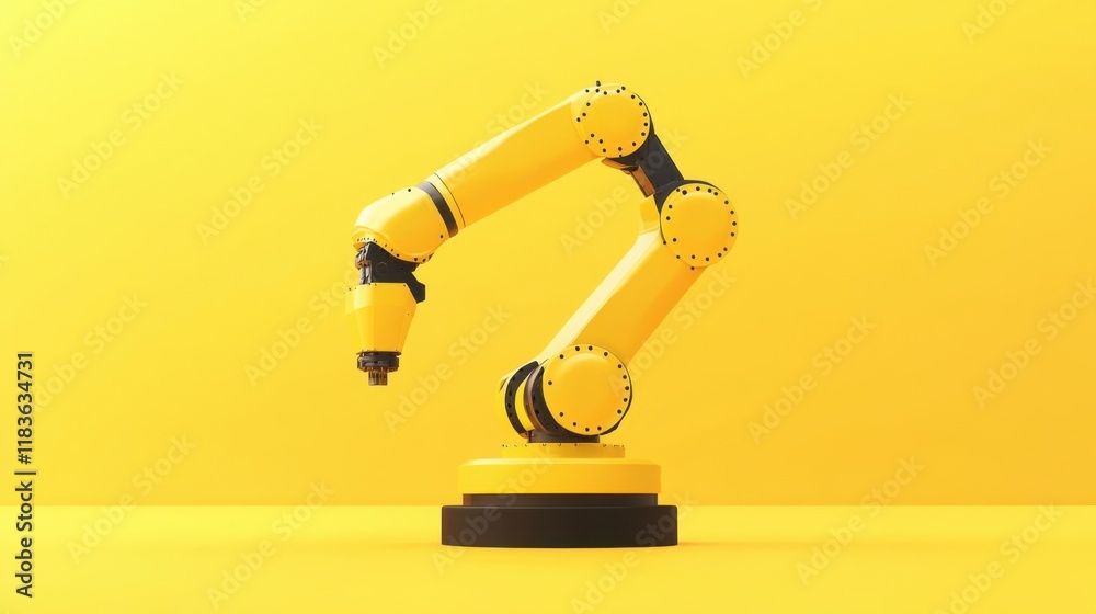A car assembly robot arm displayed on a vivid yellow background, representing automation in manufacturing A car assembly robot arm displayed on a vivid yellow background, representing automation in manufacturing