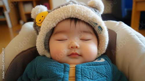 Asian baby sleeping peaceful on a cozy bed. Cute and innocence. Comfort moment.