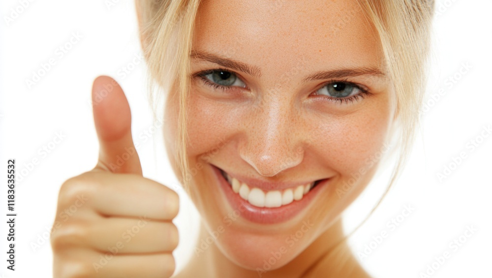 A cheerful woman flashes a broad smile while giving a thumbs up, radiating positivity in a well-lit environment. Her joyful expression embodies happiness and confidence. Generative AI A cheerful woman flashes a broad smile while giving a thumbs up, radiating positivity in a well-lit environment. Her joyful expression embodies happiness and confidence. Generative AI