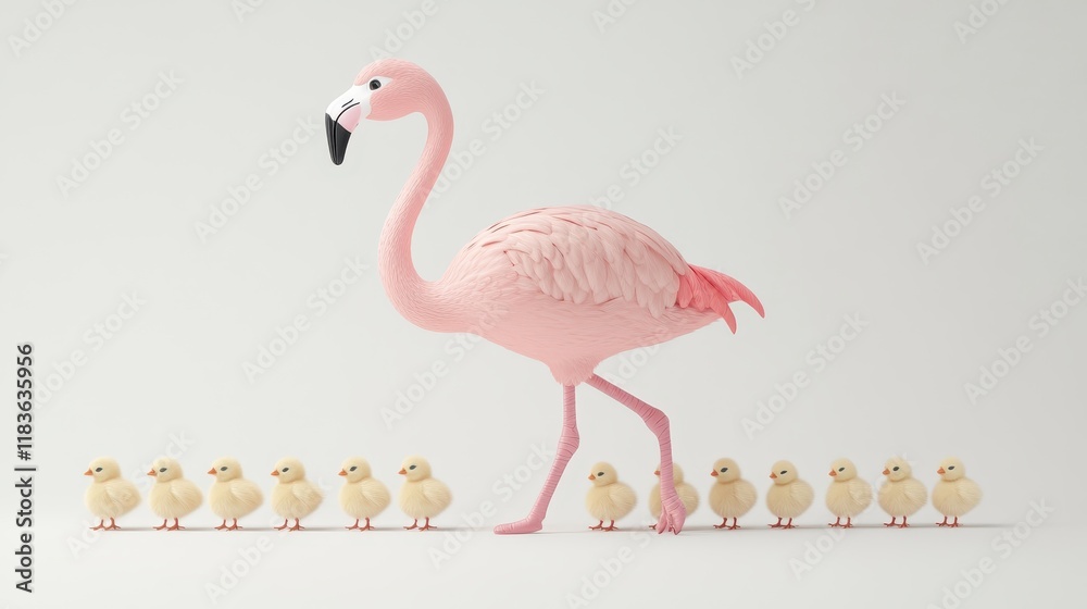 Obraz premium A pink flamingo is walking in front of a group of baby flamingos