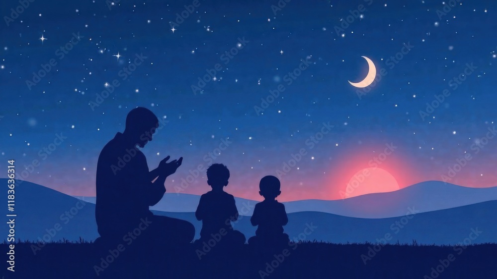Obraz premium Ramadan poster with moon, stars and symbols symbolizing spirituality and festive mood. Arabian night, starry sky. Religious postcard, congratulations on Muslim holiday. Islam, faith, religion