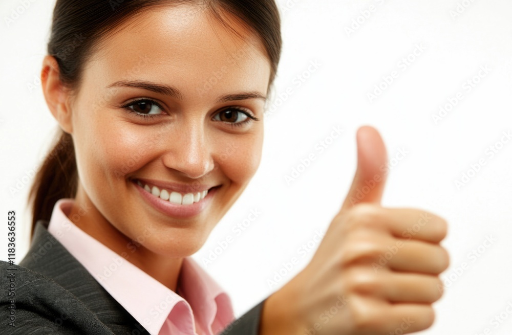 In a bright and modern office, a confident woman beams with happiness while giving a thumbs up. Her expression conveys success, optimism, and professional achievement in a corporate environment. In a bright and modern office, a confident woman beams with happiness while giving a thumbs up. Her expression conveys success, optimism, and professional achievement in a corporate environment.