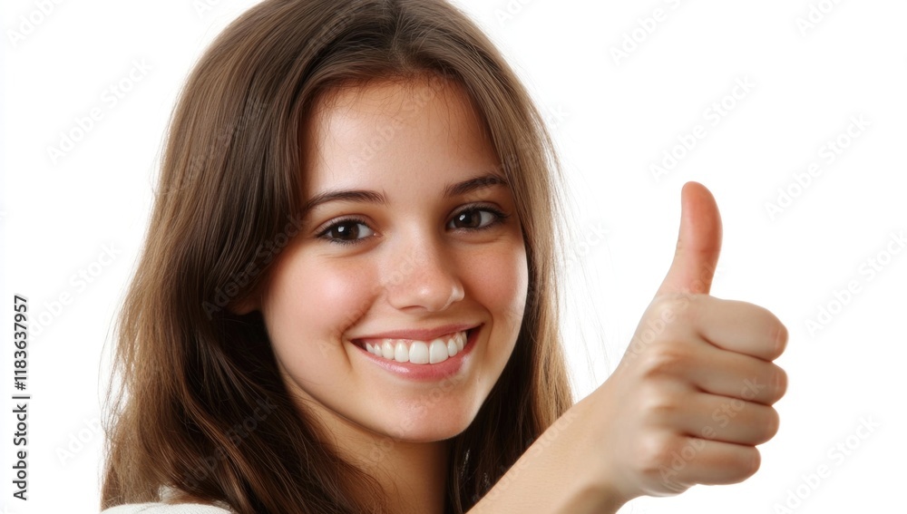 A cheerful young woman flashes a wide smile while giving a thumbs up. Her long hair frames her face, highlighting her joyful expression, celebrating a moment of success and happiness. Generative AI A cheerful young woman flashes a wide smile while giving a thumbs up. Her long hair frames her face, highlighting her joyful expression, celebrating a moment of success and happiness. Generative AI