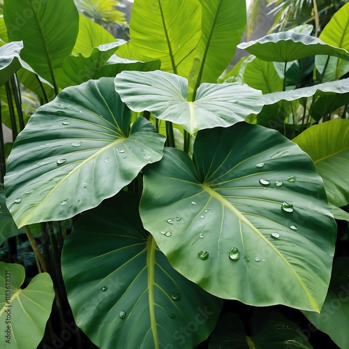 The picture of colocasia esculenta (alocasia) or taro. Local name of this tree in Bangladesh is Kochu, Kochu pata or kochu sak. It is eatable and used as vegetable. photo