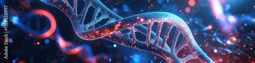 A vibrant DNA helix illuminated in blue and red hues, floating in a cosmic, sparkling background, symbolizing genetic research, molecular biology, and futuristic advancements in biotechnology