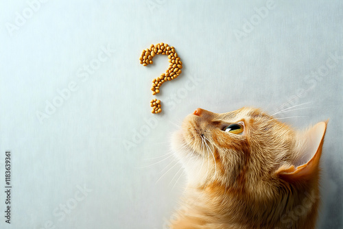 A curious cat gazes at a question mark made of food, contemplating its next move.