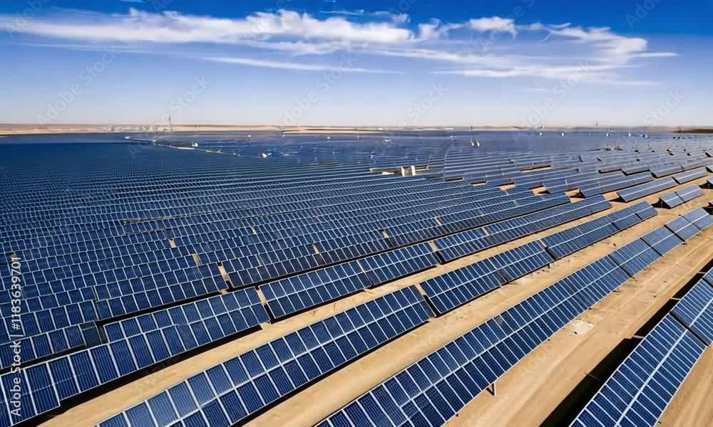 A sweeping aerial shot begins high above a vast solar farm, capturing the extensive grid of solar panels stretching toward the horizon. The camera slowly descends, generated with ai