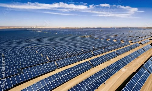 A sweeping aerial shot begins high above a vast solar farm, capturing the extensive grid of solar panels stretching toward the horizon. The camera slowly descends, generated with ai
