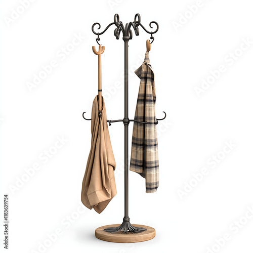 A freestanding coat rack with multiple hooks and an umbrella holder on a transparent background, high-resolution 3D render, functional hallway accessory,  