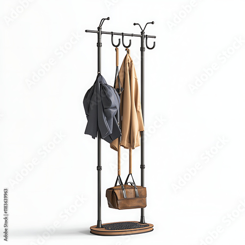 A freestanding coat rack with multiple hooks and an umbrella holder on a transparent background, high-resolution 3D render, functional hallway accessory,  