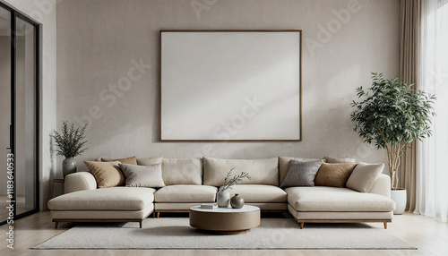 Modern Living Room with Blank Canvas and Greenery