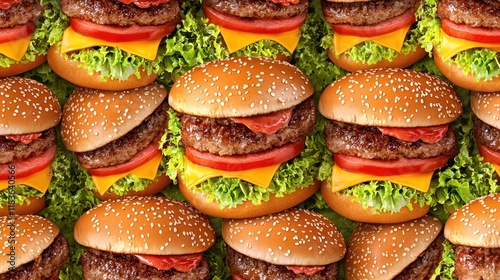 Seamless pattern of hamburgers arranged in a repeating design. photo