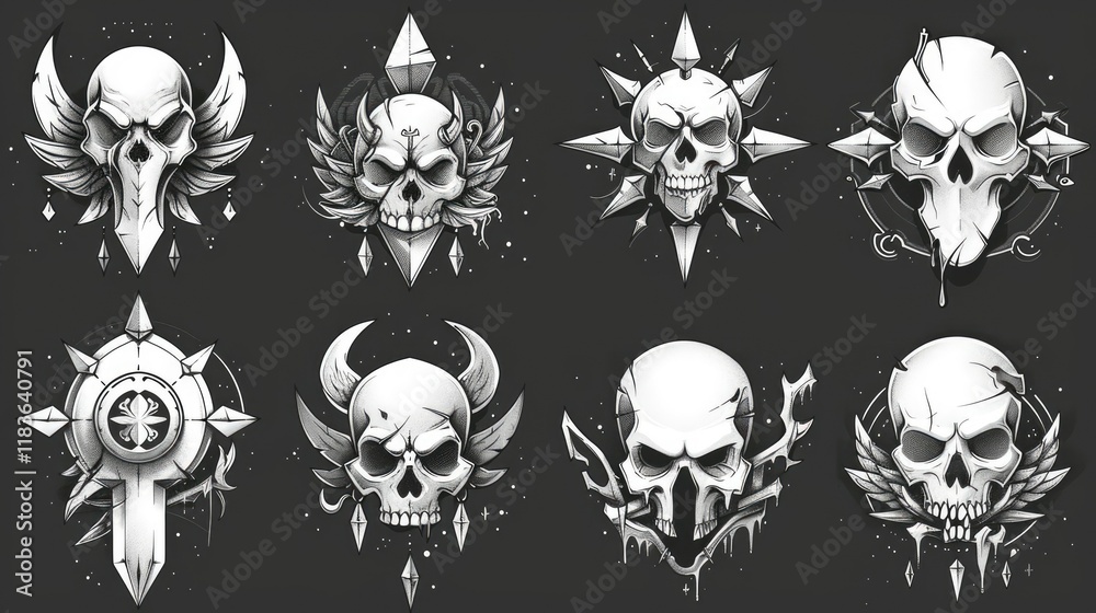 Fototapeta premium A collection of skull-themed designs with various artistic styles and elements.