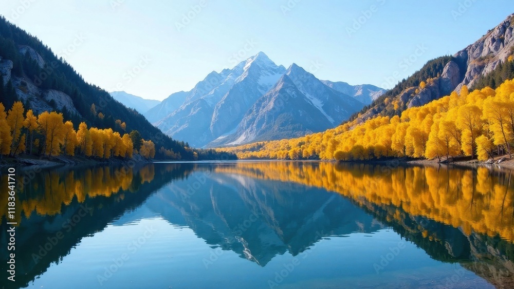 Serene autumnal lake reflecting majestic snow-capped mountain range and vibrant golden trees
