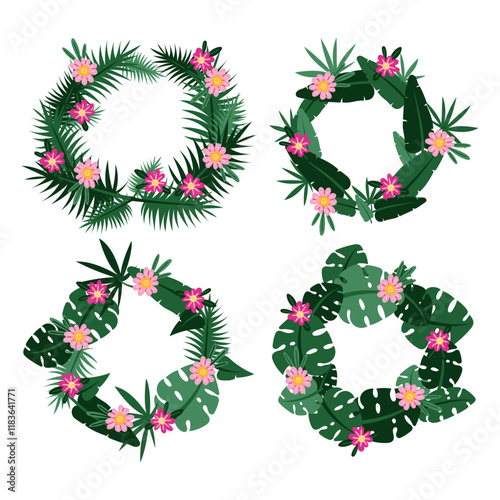 A set of tropical palm leaf wreaths with flowers for party invitations, posters. Flat exotic frames in pink colors. A collection of tropical motifs with blooming flowers. Festive tropical motifs photo