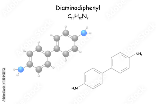 Diaminodiphenyl. Stylized molecule model and structural formula. 