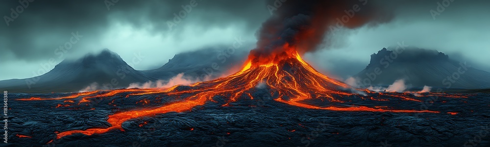 Erupting volcano with lava flow and smoke. (1) Erupting volcano with lava flow and smoke. (1)