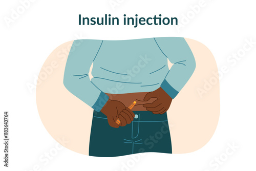 Concept of diabetes control, insulin injections. Diabetic patient using diabetic syringe. Measuring sugar level, blood glucose monitoring. Vector hand drawn clipart.