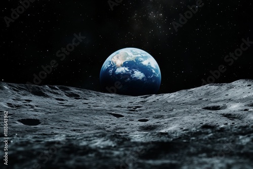 A view of Earth from the moon's surface, with the rugged, cratered foreground against the vibrant blue of Earth. The vast, star-speckled sky enhances the sense of cosmic wonder and infinite beauty photo