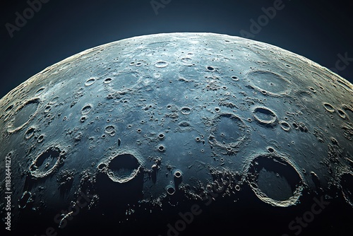 A detailed close-up of the moon's surface showcasing massive craters, rugged textures, and shadowed plains. The soft light enhances the intricate lunar details photo