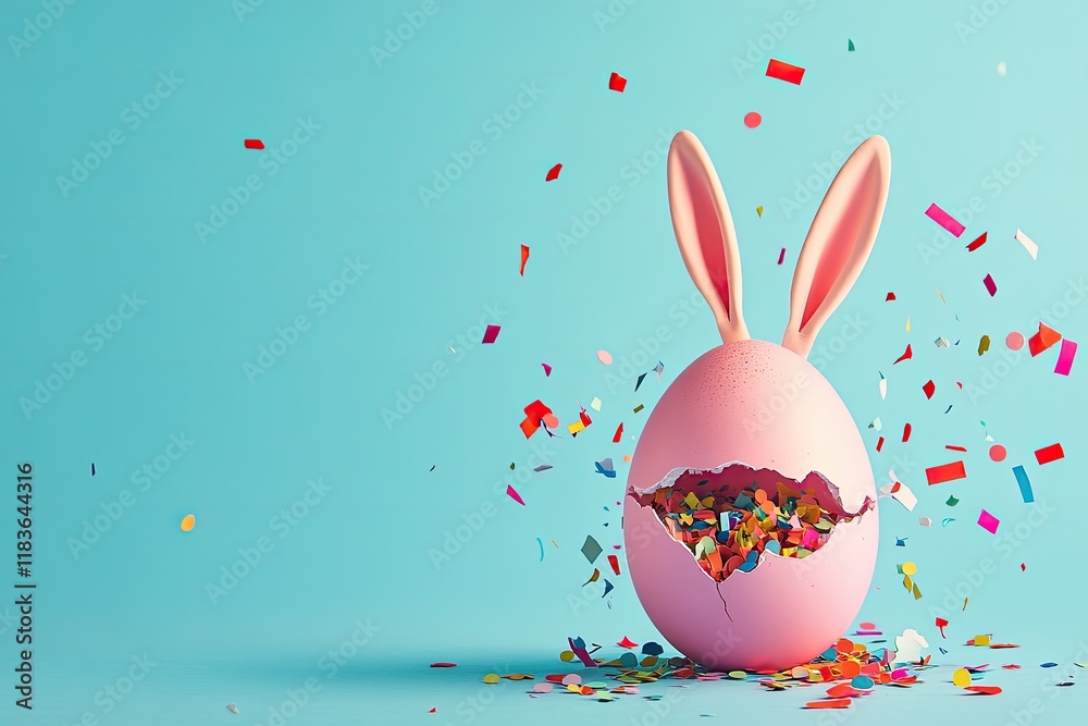Obraz premium Bright pink egg with bunny ears bursts open, showering colorful