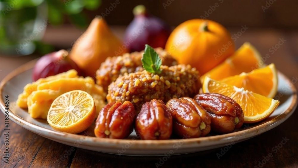Traditional Ramadan fruits: a plate of dates, figs, oranges and other treats, with the aroma of oriental spices in the background. Traditional national dishes for the Ramadan holiday. Islam, faith, re Traditional Ramadan fruits: a plate of dates, figs, oranges and other treats, with the aroma of oriental spices in the background. Traditional national dishes for the Ramadan holiday. Islam, faith, re