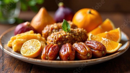 Traditional Ramadan fruits: a plate of dates, figs, oranges and other treats, with the aroma of oriental spices in the background. Traditional national dishes for the Ramadan holiday. Islam, faith, re photo