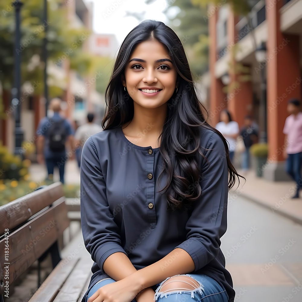 Smiling India Young Woman Outdoors on Campus Smiling India Young Woman Outdoors on Campus